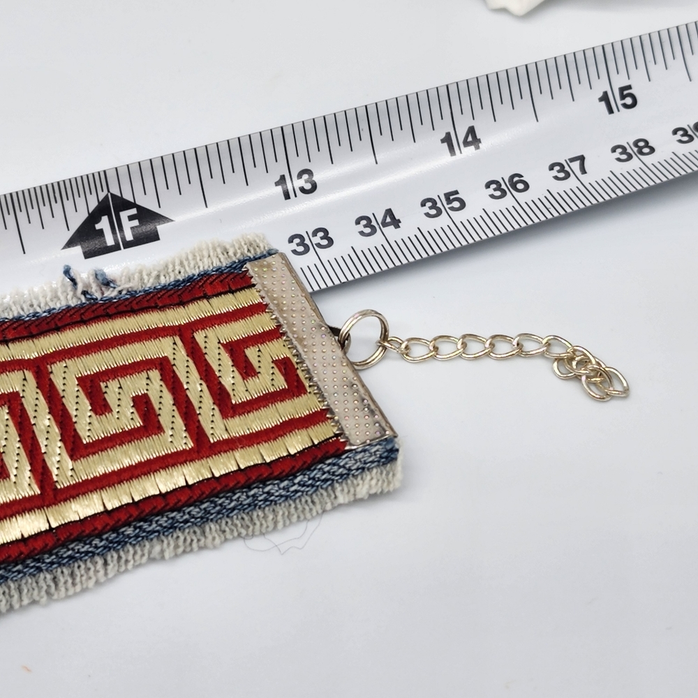 SALE/ Stunning Gold Red Embroidered Jean Choker Necklace Upcycled Jewelry - Picture 4 of 8